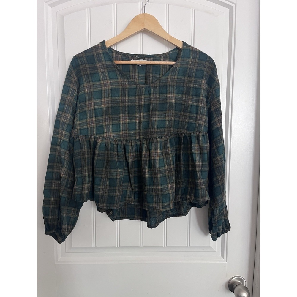 Chelsea & Violet Plaid Peplum Top Small Hunter Green Boho Oversized Babydoll 501